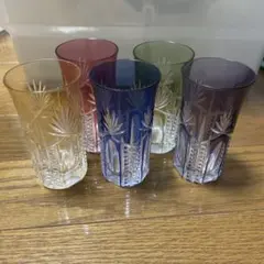 希少 カガミクリスタル グラスセット 色被せ 切子 5個セット
