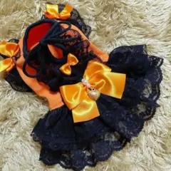 ハンドメイド♡犬服 ハロウィンの3段フリルキャミワンピース(オレンジ