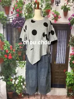 ニッキー575新品ドット切替　綿100　アシンメトリーカットソー（BL) ニッキー様専用575新品ドット切替 綿100 アシンメトリーカットソー（BL