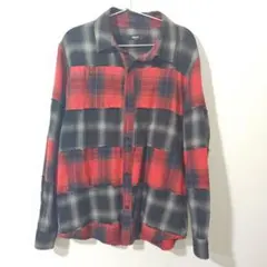 glamb 赤・黒・グレー パッチワークダメージチェックネルシャツ Lサイズ