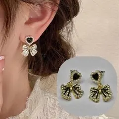 ハート リボン 垂れ下がり パール ジルコニア ピアス ゴールド ブラック