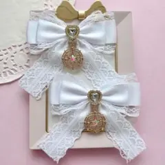 【推し活】ホワイト レースリボン ゴールドビジュー付き ヘアクリップ 2個セット