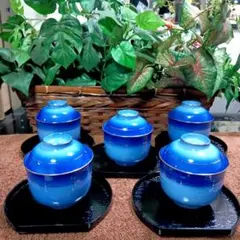 未使用品　織部　古織　金彩コバルト　茶碗蒸し容器　5客セット　 受皿付き