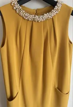 マスタードカラー パール装飾ドレス　裏地つき オケージョンドレス　入学式　結婚式