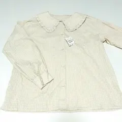 新品　アプレジュール　フリル付き襟 ベージュチェックシャツ　長袖　綿　森ガール