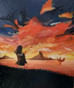 手描き絵画 夕焼けと少女 アート作品　油絵