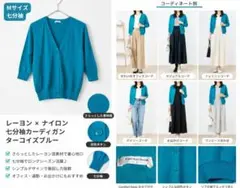 レーヨン　ナイロン　七分袖 カーディガン レディース 春夏　ターコイズブルーのサムネイル
