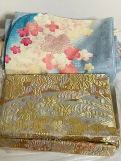 振袖セット 袋帯　青とピンクの花柄 金色花柄 きららガード