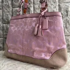 【激レア美品】コーチ　スモールキャリーオール　ハンドバッグ　シグネチャー　ピンク