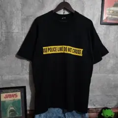 90s POLICE LINE 海外警察 Tシャツ テープ柄 黒 L US古着
