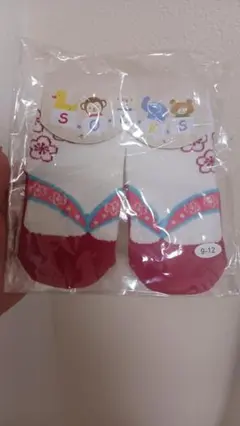 ベビー靴下 9-12 花柄 赤白