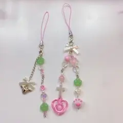 ビーズキーホルダー ピンク 四つ葉のクローバー 2点セット チャーム