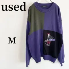 古着 ニット セーター【M】紫 黒 グレー 古着コーデ レトロ カジュアル 秋冬
