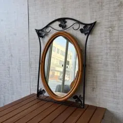 【アンティーク】アイアンフレーム ラタン オーバル 壁掛け鏡 ミラー 古道具