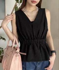 JEANASIS チェックジャガードペプラムベスト ブラック