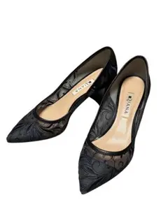 最終 ダイアナ 刺繍 オケージョン チャンキーヒール パンプス 黒/青 22.5