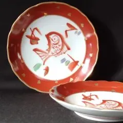庫山窯 金彩 鯛絵 めでたい 輪花 銘々皿 2客