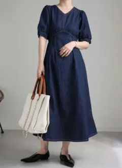 ネイビー 半袖 ロングワンピース FREEサイズ