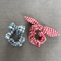チェック柄リボン付きシュシュ2個セット