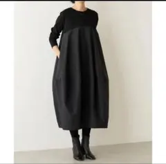 バルーンスカート　長袖　体型カバー　ロングワンピース　ブラック　カットソー着痩せ