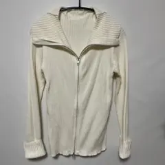 アイボリー リブ編み ダブルジッパートップス 長袖