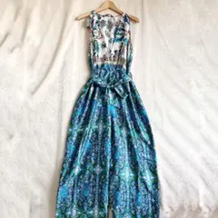 ZARA XL 大きいサイズ サテン オールインワン パネルプリント 総柄 青