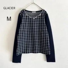GLACIER カットソー ビジュー 格子柄 ネイビー 紺 M 長袖 きれいめのサムネイル