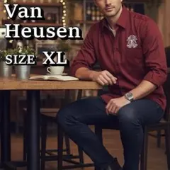 【美品】VAN HEUSEN 長袖シャツ XLサイズ ロゴ入り ワインレッド