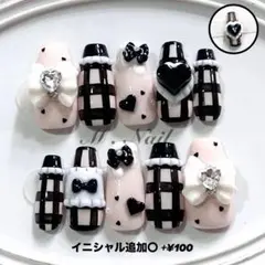 ネイルチップ フレンチガーリー リボン チェックネイル 量産型 韓国