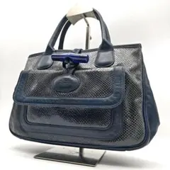 美品 ロンシャン パイソン型押し ハンドバッグ トグル ネイビー 本革 レザー