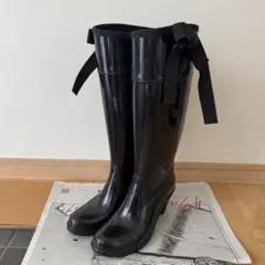 レインブーツ　リボン付　ブラック　ラバー　ロングブーツ