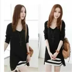 【送料込】2枚組 お得なセット 秋物ロングドレス 長袖 の ワンピ　黒 M
