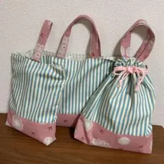 レッスンバッグ　上履き袋　体操着袋　3点セット レース&リボン×ストライプ
