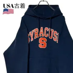 00s USA古着 短丈 カレッジパーカー 紺色ネイビー L スウェット
