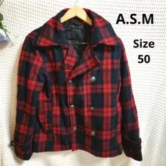 【オシャレ☆A.S.M】赤　黒　チェック　ダブルジャケット　サイズ50のサムネイル