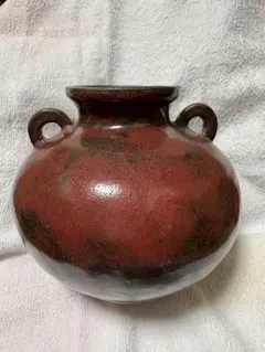 趣味の陶芸　 耳付 陶器 花瓶 壺 鉄釉 赤茶色のサムネイル