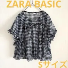 ZARA BASIC 半袖フリルチェックブラウス シアー　スパンコール入り　S