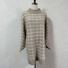 INGNI/ベージュ チェック柄 ハイネック ニットチュニック M