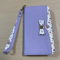 【新品】 iPhone11 Pro 手帳型ケース パープル 花柄 リボン付き