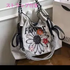 サイズＭ　　花柄　新品未使用　ストラップ付き　ナイロン　トート　エコバック