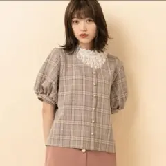 【Emsexcite】レース付きチェックブラウス M パフスリーブ ガーリー♡