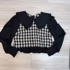 ZARA 千鳥格子柄 フリル襟 ブラウス 長袖 ブラック