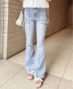 INGNI サイドリボンカットアウトフレアデニムパンツ ライトブルー Mサイズ