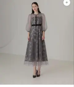 Leja チュールパイピングリーフベルトAラインドレスワンピース　グレー