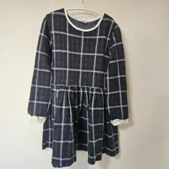 プチバトー チェック柄 長袖ワンピース 128cm 8ans ネイビー
