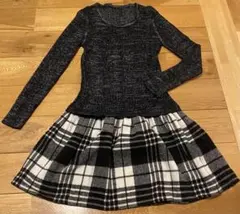 長袖ワンピース 黒と白のチェック柄