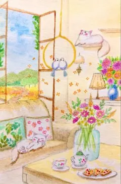 手描き水彩画 秋の風を感じる猫さんと小鳥たち ※900円です