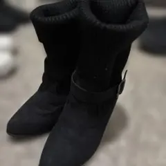 黒ニットカフ付きブーツ 中ヒール