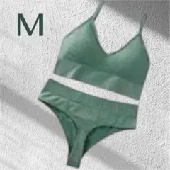 リブ下着セット　ブラ ショーツ キャミ　M グリーン　オリーブ　セットアップ