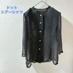 水玉模様　七分袖　シャツ　シアー　黒系　フェミニン